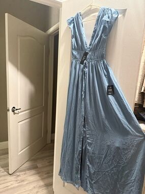 Lulu's Sky Blue Deep V Maxi Dress with Tie Waist